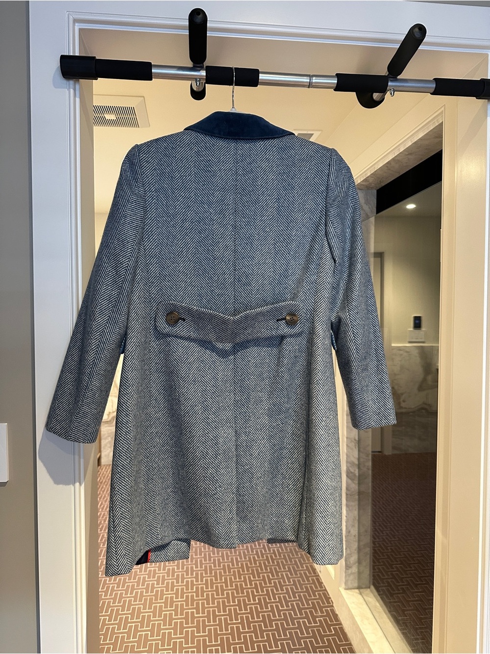 Boden Blue and White Herringbone Pea Coat with Navy Velvet Collar - Picture 2 of 5